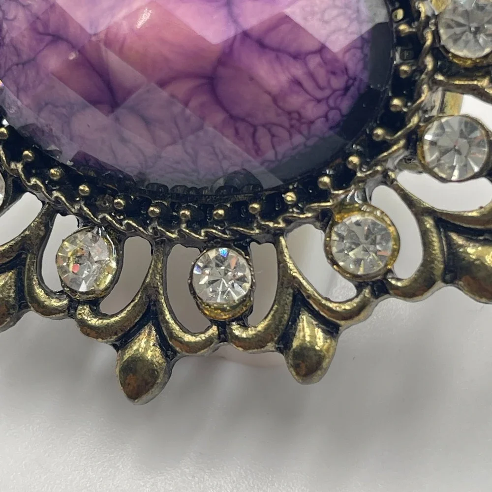 Vintage Purple Faux Agate Statement Ring Antique Gold Tone Rhinestone Stretch